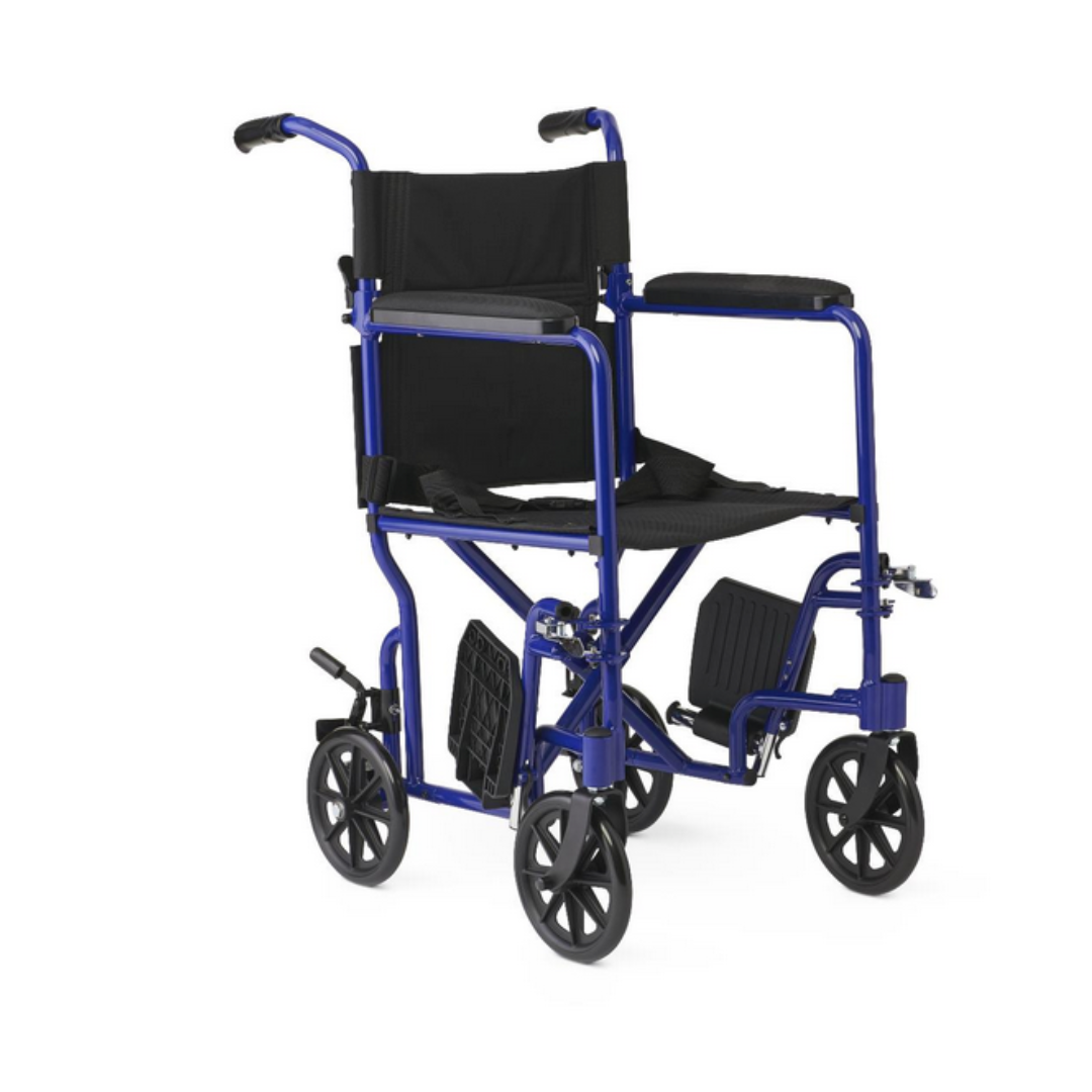 The Medline Basic Aluminum Transport Chair features a blue and black lightweight frame with four small wheels, foldable footrests, a cushioned seat and backrest, durable brakes for safety, fixed full-length armrests, and is designed for easy handling.